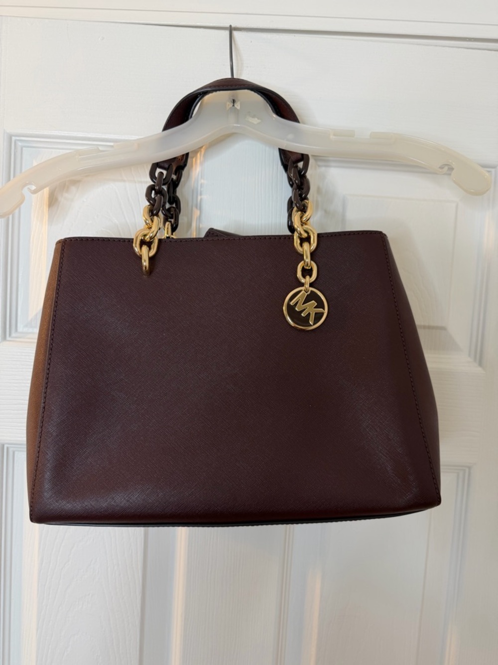 Michael Kors Deep Burgundy Leather Satchel with Gold-Tone Logo Charm